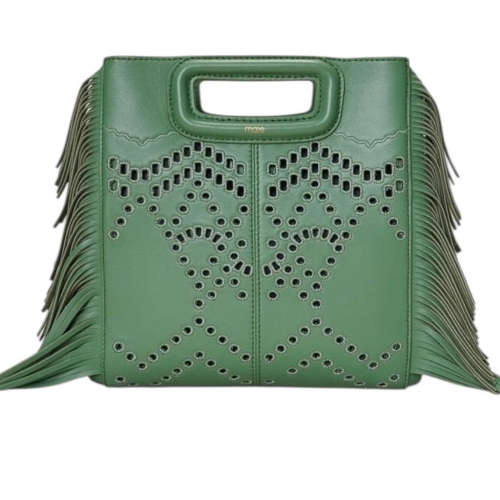 Maje Green Perforated Fringed Leather M Bag Convertible Clutch or Crossbody NWT